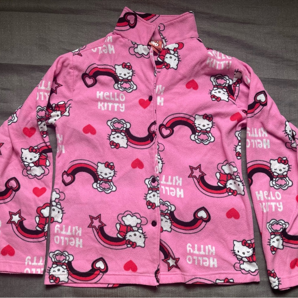 Hello Kitty Fleece Pajama PJ Top - L - 2007 - Stars Rainbows Hearts - 100% Poly